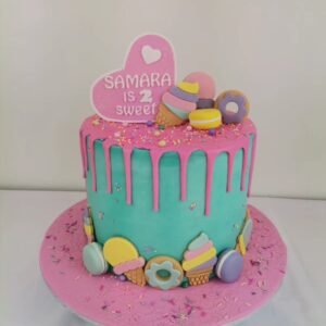 Two sweet themed cake (Ice-cream, macaron and donut toppers)